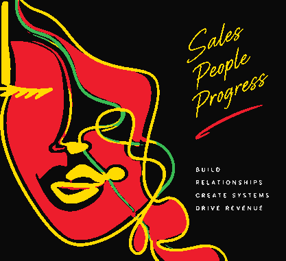 Expressive red, yellow and green LaLa Sales artwork. Sales. People. Progress.